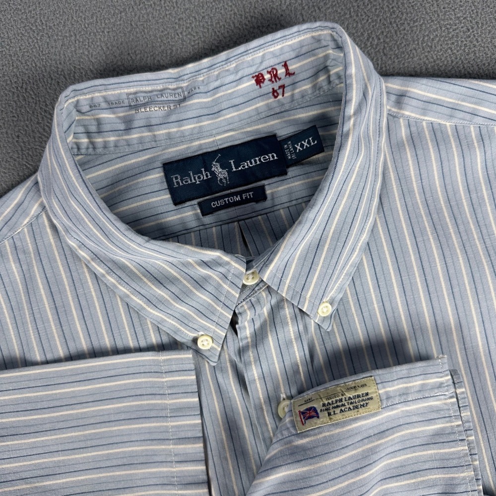 Ralph‎ Lauren Shirt 2XL Blue Striped Custom Fit Bleecker Naval Academy Tailoring